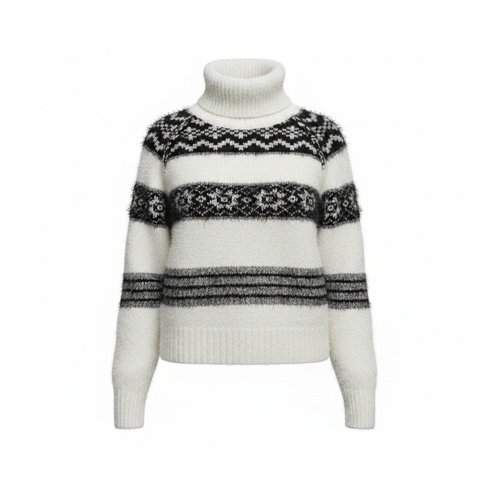 ANA Black White Fair Isle Eyelash Knit Turtleneck‎ Sweater Small Relaxed Fit